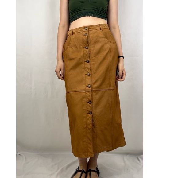 Vintage Together Tan Brown Genuine Leather Pencil Skirt - Picture 1 of 8